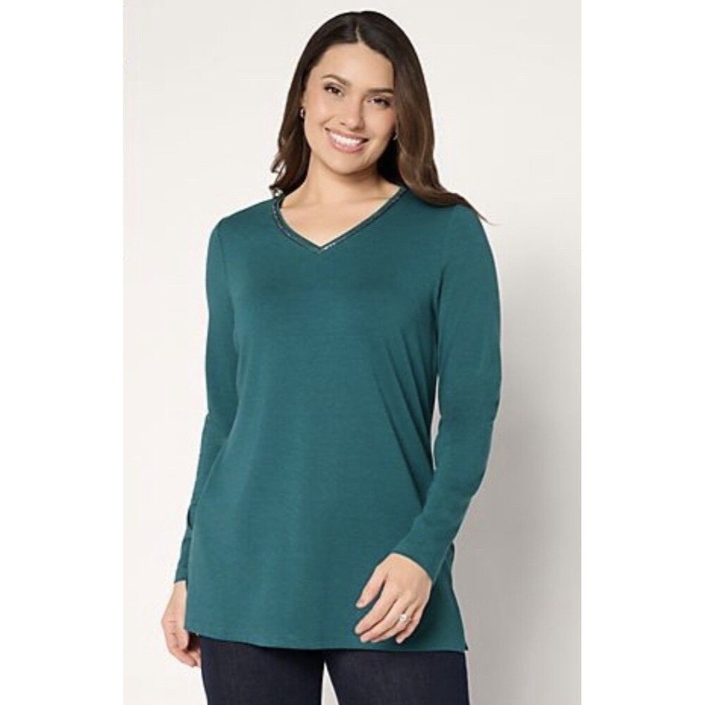 Denim & Co Large Petite Favorite Jersey Beaded V-Neck Tunic Mallard Green LP New